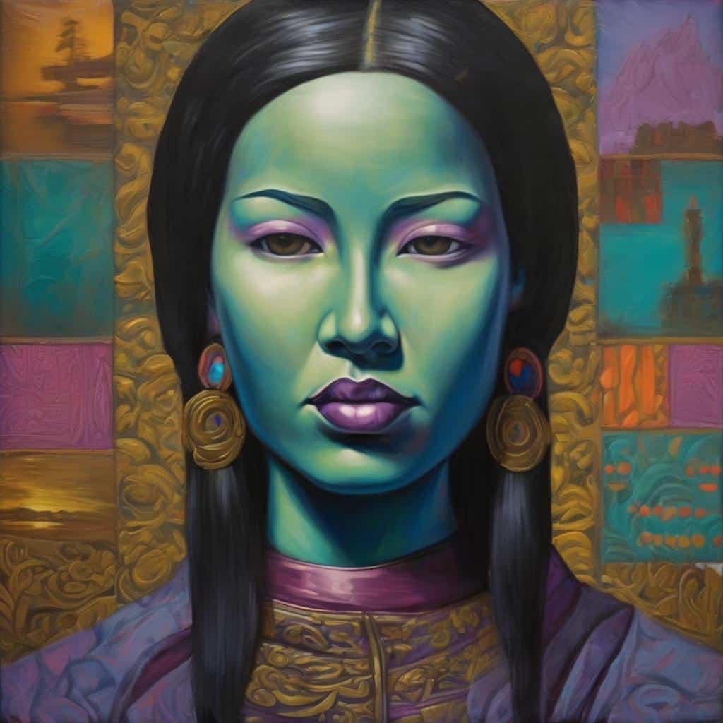 Ζωγραφική πορτρέτου γυναίκας με πολιτιστικά στοιχεία, σύγχρονη τέχνη χωρίς σύνορα, δημιουργικότητα από όλον τον κόσμο, διεθνή καλλιτεχνική έκθεση, art without borders, multicultural art.