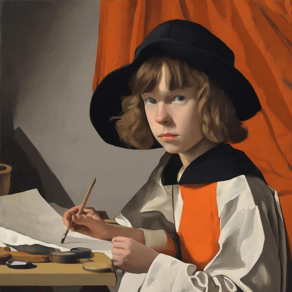 Ζωγραφικό πορτρέτο νεαρής κοπέλας με καπέλο και βούρτσα σε καμβά, εκφράζοντας την τέχνη χωρίς σύνορα, με μοντέρνο και αφηρημένο στυλ τέχνης, που αποδεικνύει τη δημιουργικότητα διεθνών καλλιτεχνών.