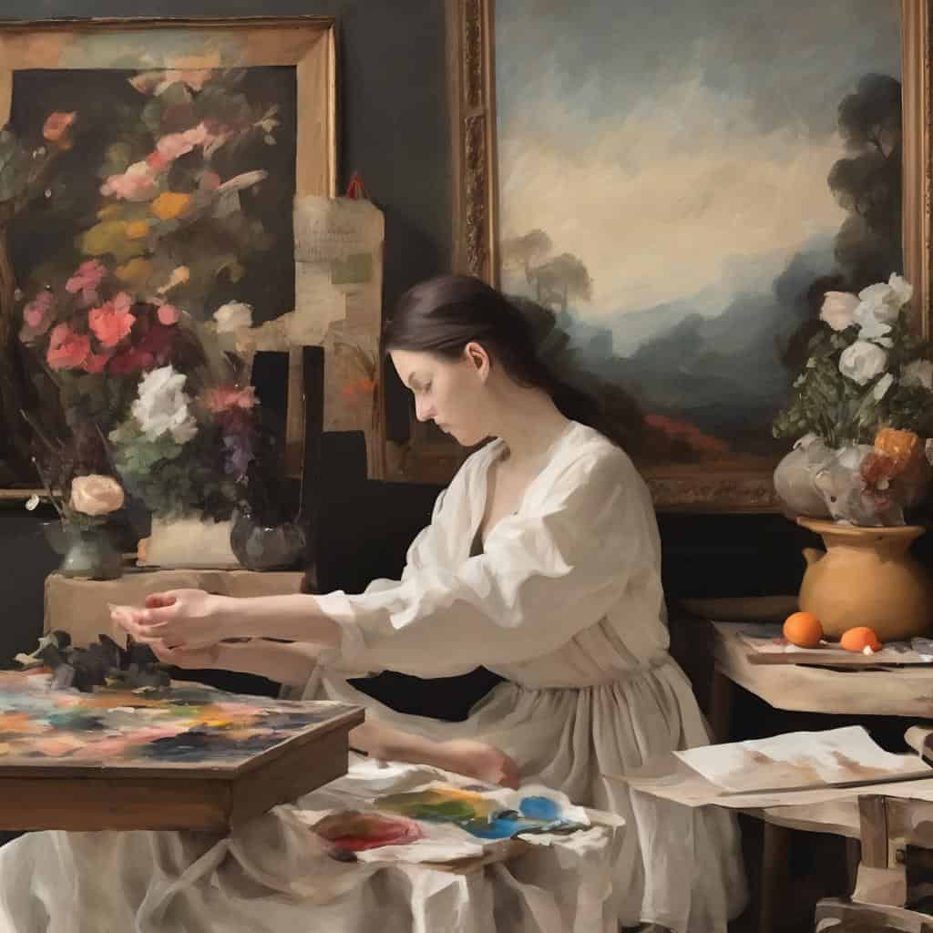 Βυθισμένη σε δημιουργία τέχνης, γυναίκα ζωγράφος εργάζεται σε συνεργατικό έργο σε ένα στούντιο με πίνακες ζωγραφικής και λουλούδια, εκπέμποντας έμπνευση και παγκόσμια τέχνη χωρίς σύνορα.