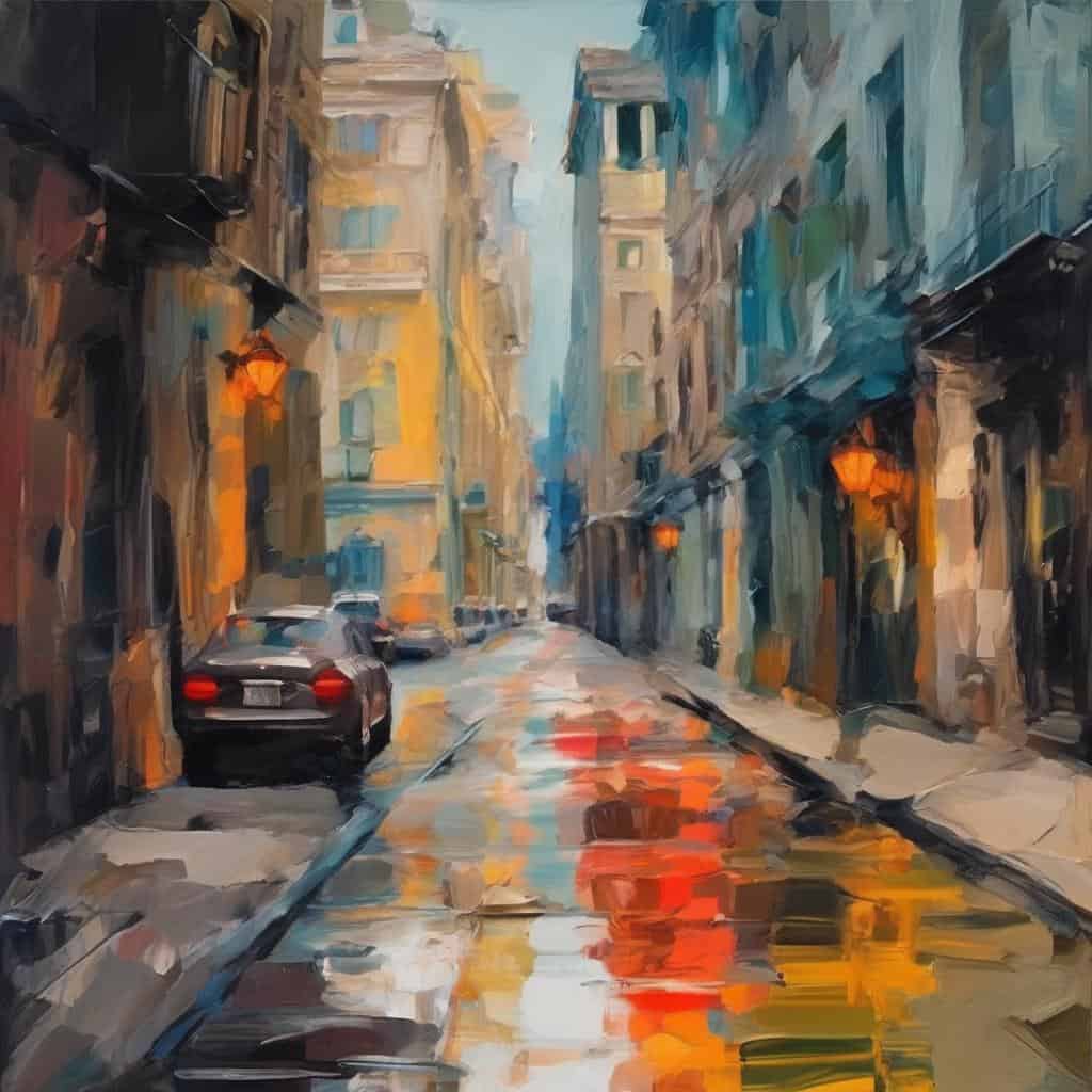 Όμορφη πόλη με φωτισμένα πεζοδρόμια και αυτοκίνητα, ζωγραφισμένη με εντυπωσιακό αφαιρετικό στυλ, που απεικονίζει την τέχνη χωρίς σύνορα και τη δημιουργικότητα από όλο τον κόσμο.