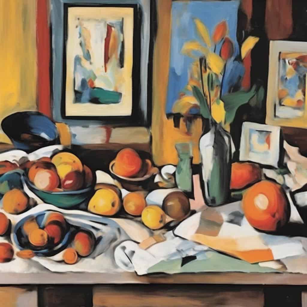 Ζωγραφιά σε όμορφη εσωτερική διακόσμηση με φρούτα, βάζα και πίνακες ζωγραφικής, αναδεικνύοντας την τέχνη χωρίς σύνορα και δημιουργικότητα από όλο τον κόσμο.